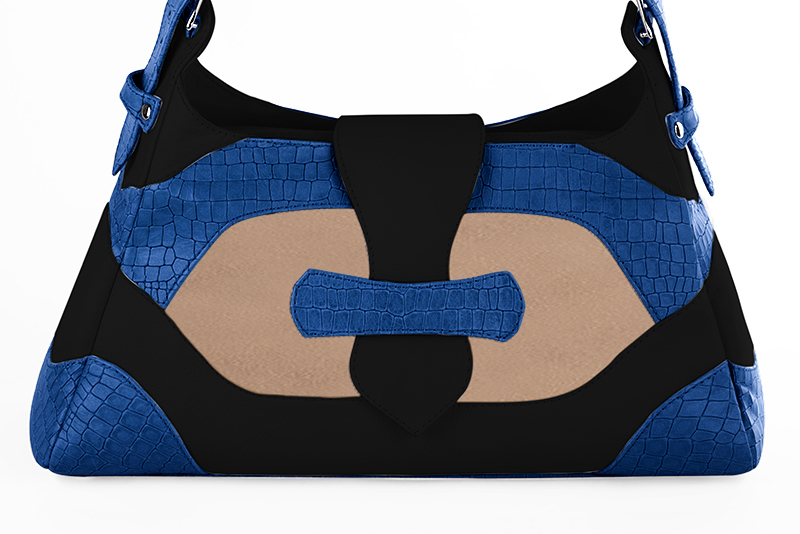 Dress handbag in electric blue, biscuit beige and matt black leather - Profile view